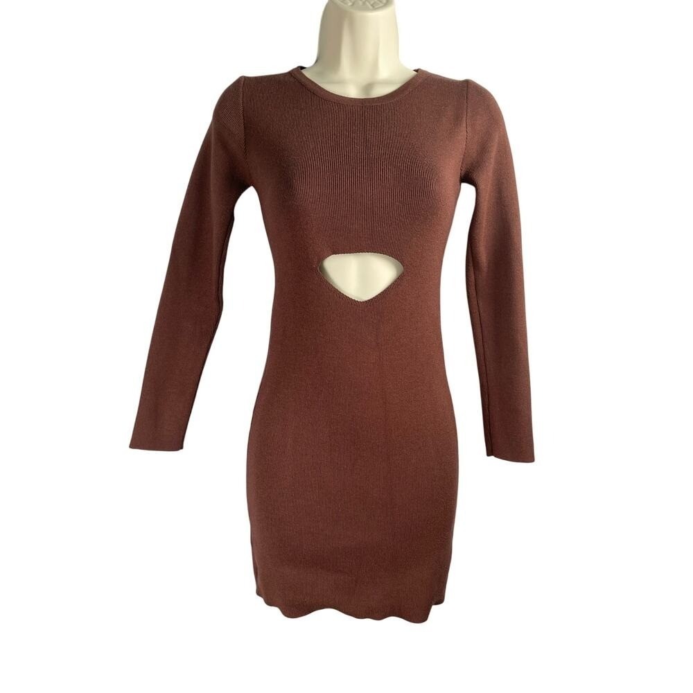 Princess Polly Dress L/XL Brown Ribbed Knit Long Sleeve Mini Bodycon Cut-out‎